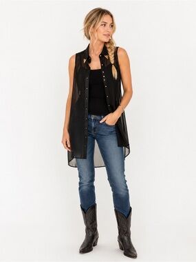 UK2LA Black Sheer Button-Front Tunic Top
